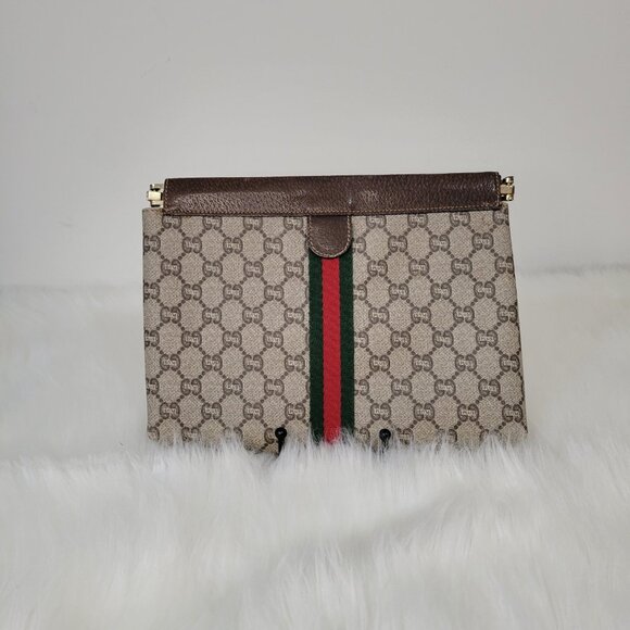 GUCCI PLUS VINTAGE CLUTCH Iconic Gucci Canvas Brown/Tan w Red/Green Stripe - Picture 3 of 10
